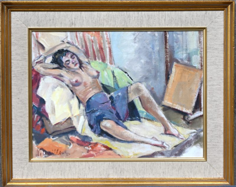 “Liggend naakt”. Een schilderij, olieverf op board, gesigneerd M. Devillers.