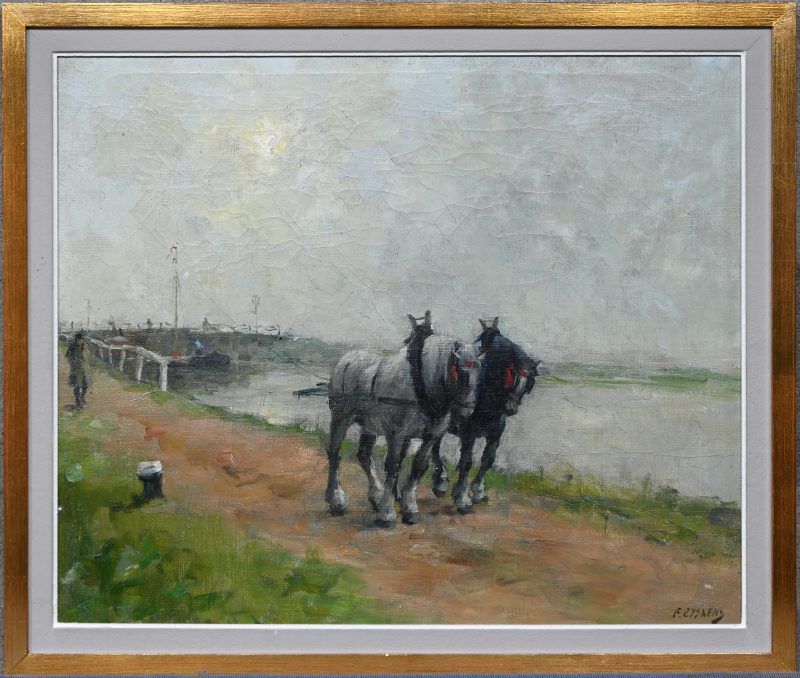 “Trekpaarden met trekschuit”. Een schilderij, olieverf op doek. Onderaan gesigneerd.