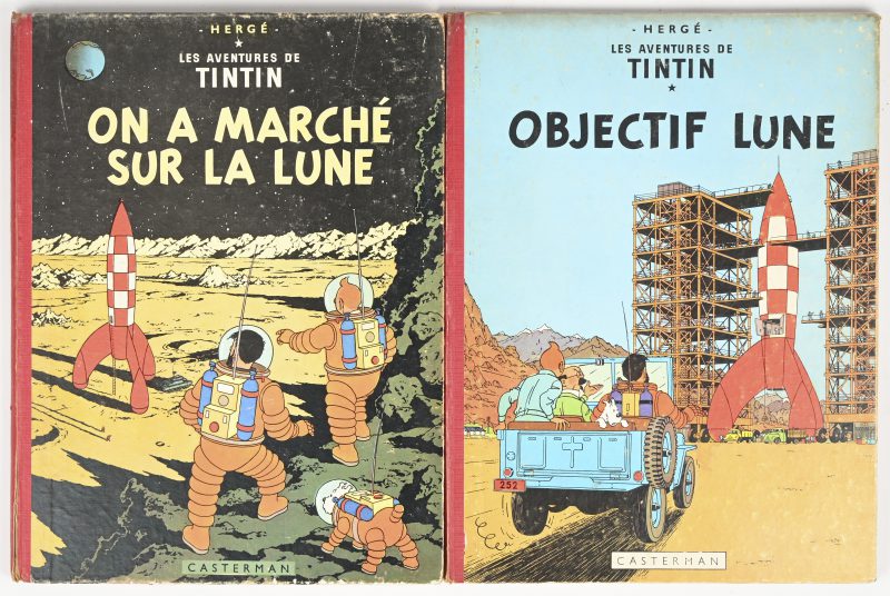 “On a marché sur la lune” & “Objectif Lune”. Les aventures de TinTin. Een paar hardcover Kuifje strips, 1956. Slijtage aanwezig.