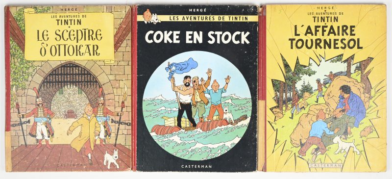 “L’Affaire Tournesol”, “Le Sceptre d’Ottokar” & “”Coke en stock”. Les aventures de TinTin. Een lot van 3 Kuifje strips, hardcover, 1956 & 1960. Slijtage aanwezig.