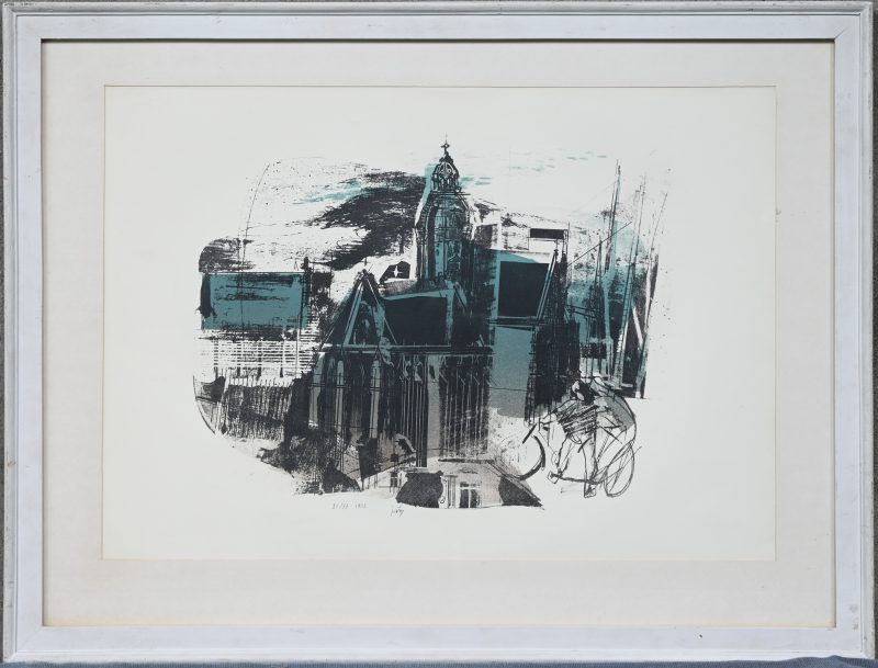 “Sint-Pauluskerk (met fietser-toerist)”. Een 3-kleurenlitho op papier. Onderaan gesigneerd, genummerd 21/77 en gedateerd 1953. Verso label KMSKA.