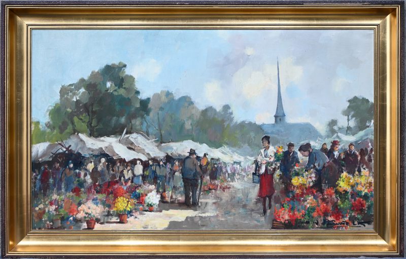 “Marktzicht”. Een schilderij, olieverf op doek, gesigneerd H. J. Pauwels.