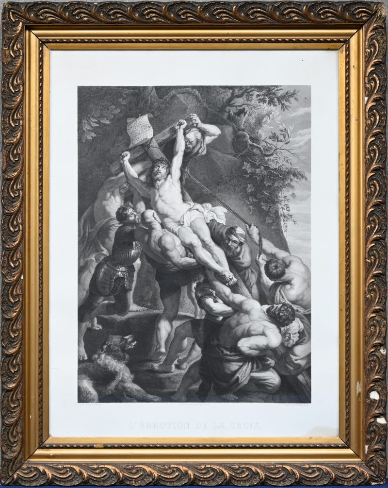 “L’érection de la croix”. Een ets op papier naar P. P. Rubens. Preperation par Erin Corr, terminé par J. B. Michiels.
