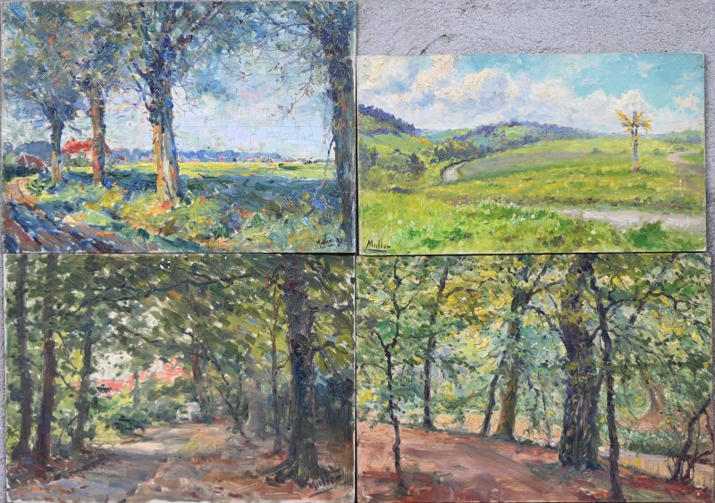 “Bos en plattelandsgezichten”. Een lot van 4 schilderijtjes, olieverf op paneel. Onderaan gesigneerd, verso getiteld. ”Capellen”, “Polder”, “Pondrôme”, “192”.
