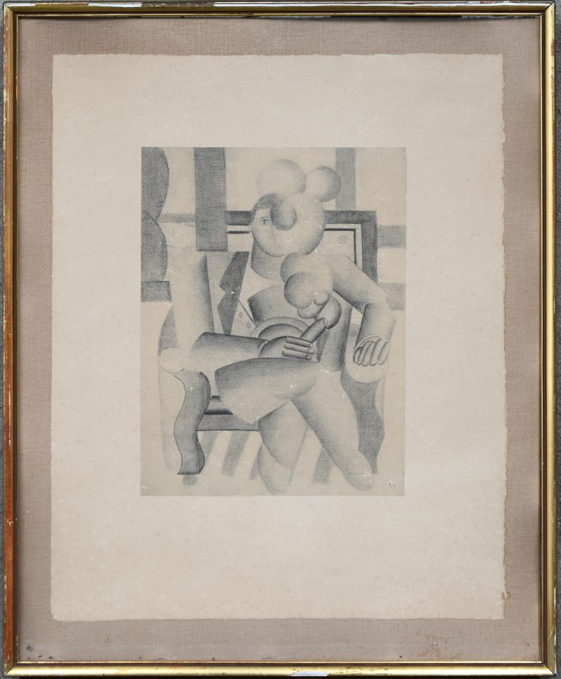 “Studie van de roker”. Een litho op papier. Draagt monogram in de plaat “F.L.”, naar Fernand Léger. Uit het album "Contrastes". Ed. Le Vent d'Arles, Parijs. Bewerkt in 1959 onder toezicht van Nadia Léger en beperkt tot 300 exemplaren.