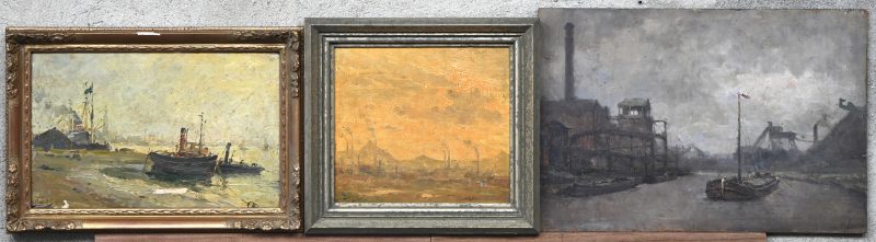 “Industriële rivierlandschappen”. Een lot van 3 schilderijen, olieverf op paneel. Onderaan gesigneerd, verso titels.