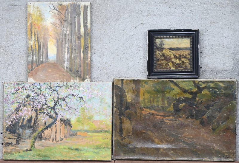 “Natuurlandschappen”. Een lot van 4 olieverf schilderijtjes, waarvan 2 op doek en 2 op paneel. 2 onderaan gesigneerd en 2 toegeschreven aan Leopold Muller.