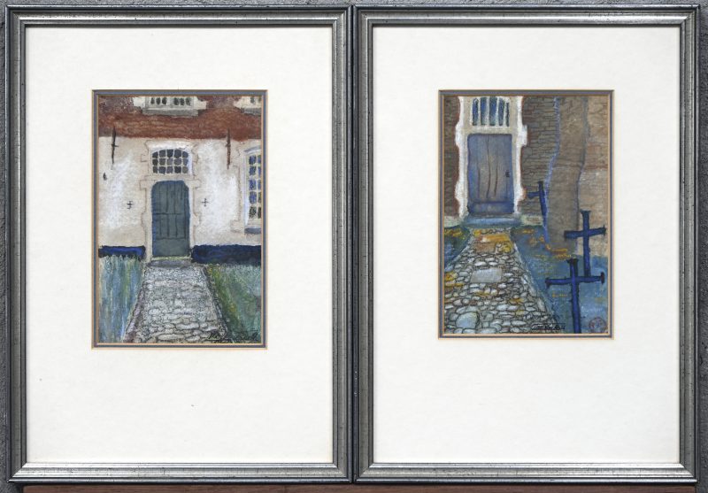 Een lot van 2 aquarellen met deurzichten, beide gesigneerd Flor Van Reeth.