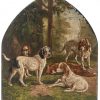 Een uitschuifbaar boekenrekje, de twee opstaande zijden versierd met geschilderde jachthonden in een landschap. Gesigneerd.