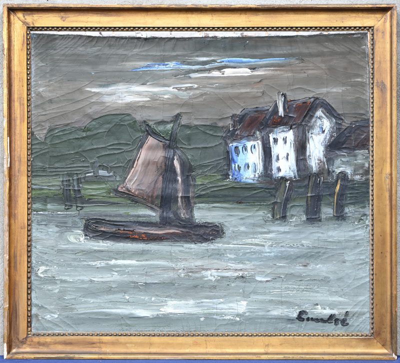 “Zeilboot op de rivier”. Een schilderij, olieverf op doek. Onderaan gesigneerd.