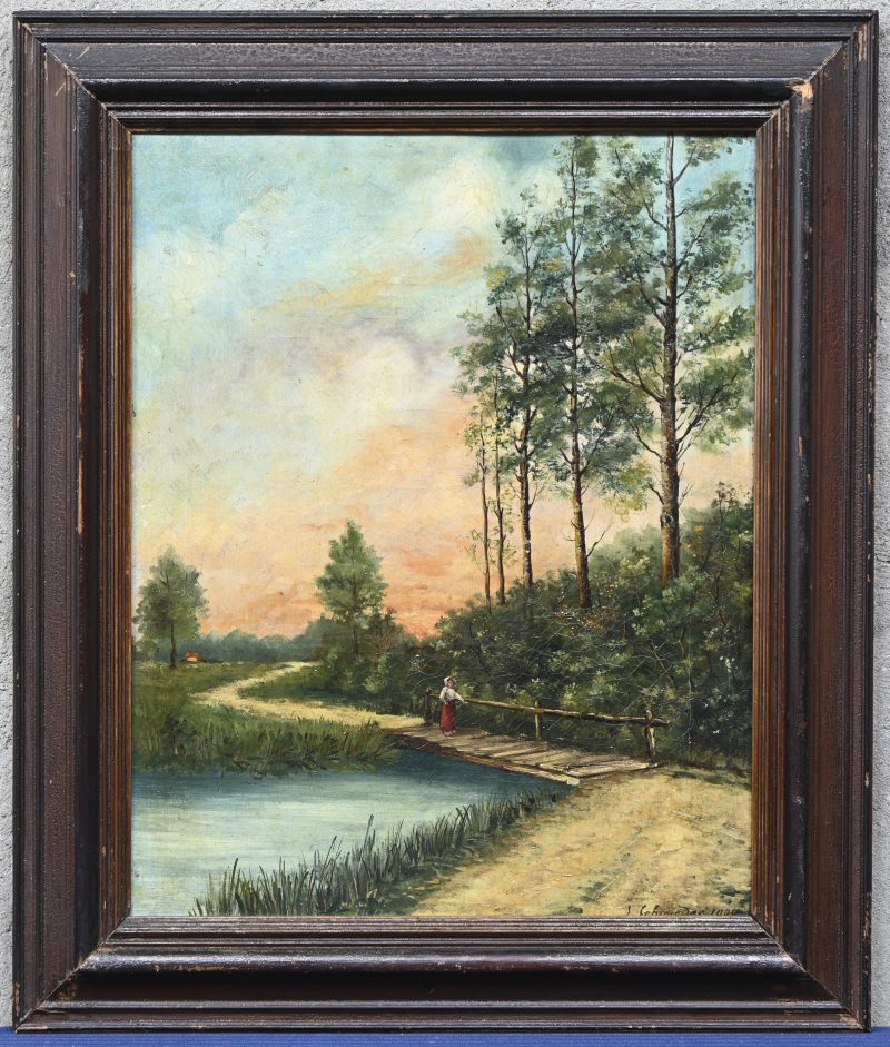 “Meisje op het bruggetje”. Een schilderij, olieverf op doek. Onderaan gesigneerd en gedateerd 1909.