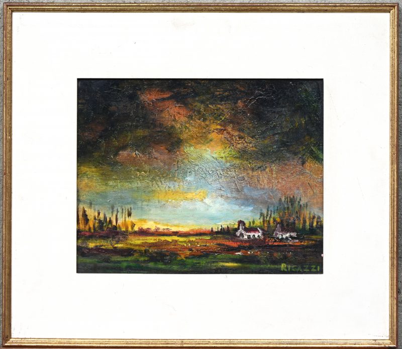 “Donkere wolken boven de heide”, een schilderij, olieverf op paneel, gesigneerd Rigazzi en achteraan gedateerd 1972.