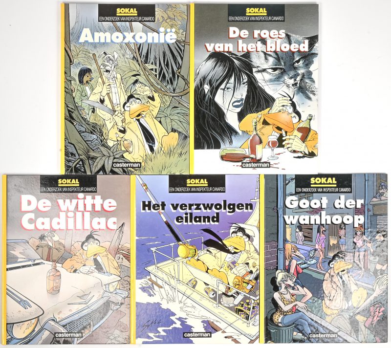 “Een onderzoek van inspecteur Canardo”. Een lot van 5 strips door Sokal. Hardcover, uitgeverij Casterman.