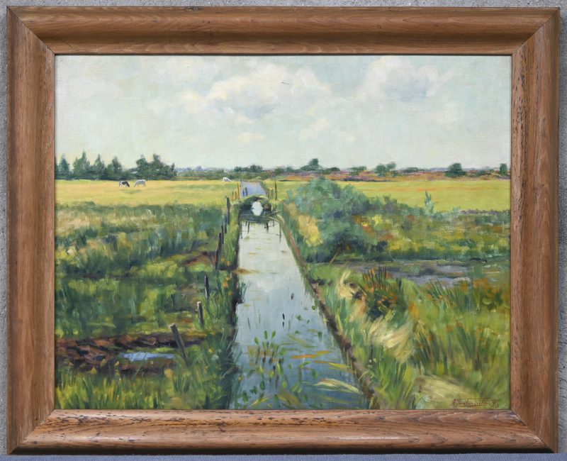 “Velderijen met koeien en beek”. Een schilderij, olieverf op doek, gesigneerd Fr. Vantongerloo en gedateerd 1923. In massief eiken kader.