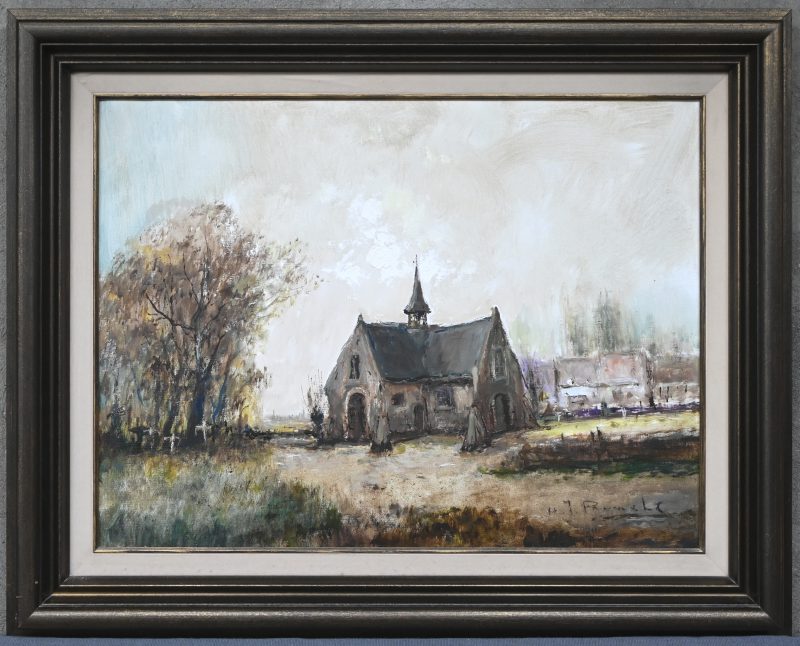 “Kapel aan het dorp”, een schilderij, olieverf op doek, gesigneerd H. J. Pauwels.