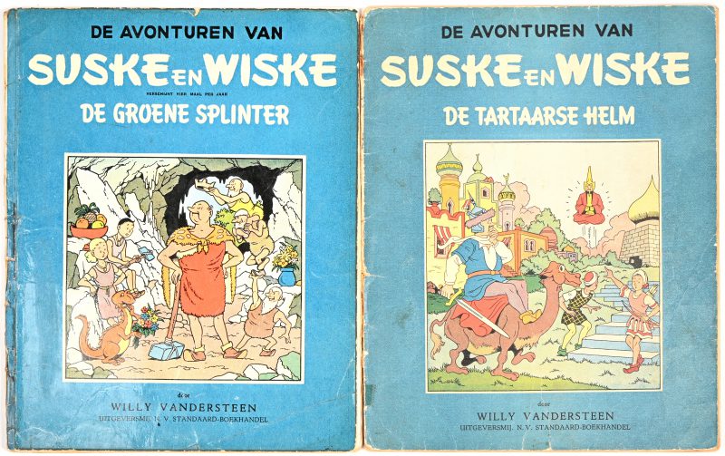 ‘De Tartaarse helm’ en ‘De groene splinter’, Suske en Wiske. Blauwe reeks. Eerste edities 1953 en 1957. Beide met loskomende/slechte en met kleefband herstelde rug. Kleine kribbel in balpen op de eerste pagina van de groene splinter.