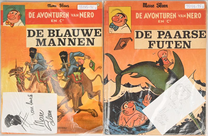 “De avonturen van Nero en Co”, een lot van 2 Nero albums, eerste druk met originele schets, gesigneerd door Marc Sleen. ‘De paarse futen’ en ‘De blauwe mannen’.