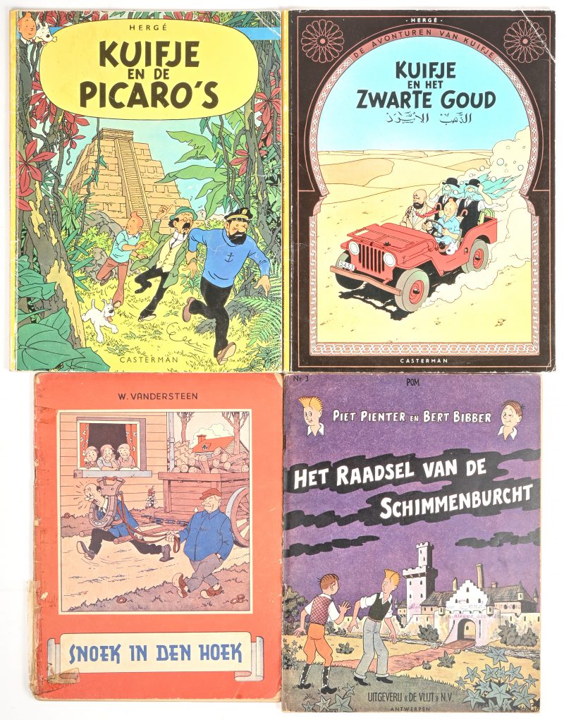 Een lot van 4 strips bestaande uit: ‘Piet Pienter en Bert Bibber - Het raadsel van de schimmenburcht’, eerste druk, ‘Snoek in den hoek’, eerste druk, ‘Kuifje en de Picaro’s’ en ‘Kuifje en het zwarte goud’.