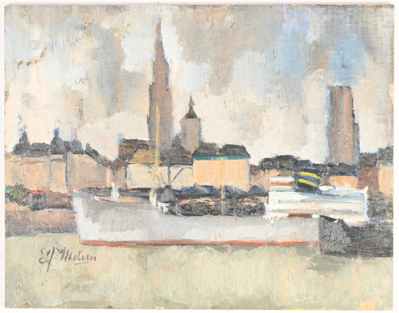 “Antwerpse skyline”, olieverf op paneel, gesigneerd J. Melsen.