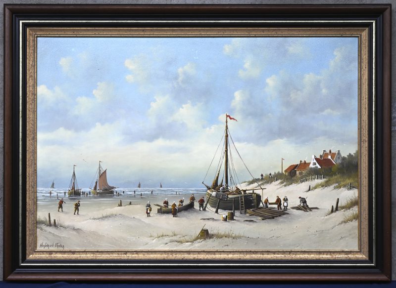 “Vissersboten aan het strand”, een schilderij, olieverf op doek, gesigneerd Hendrick Vader.