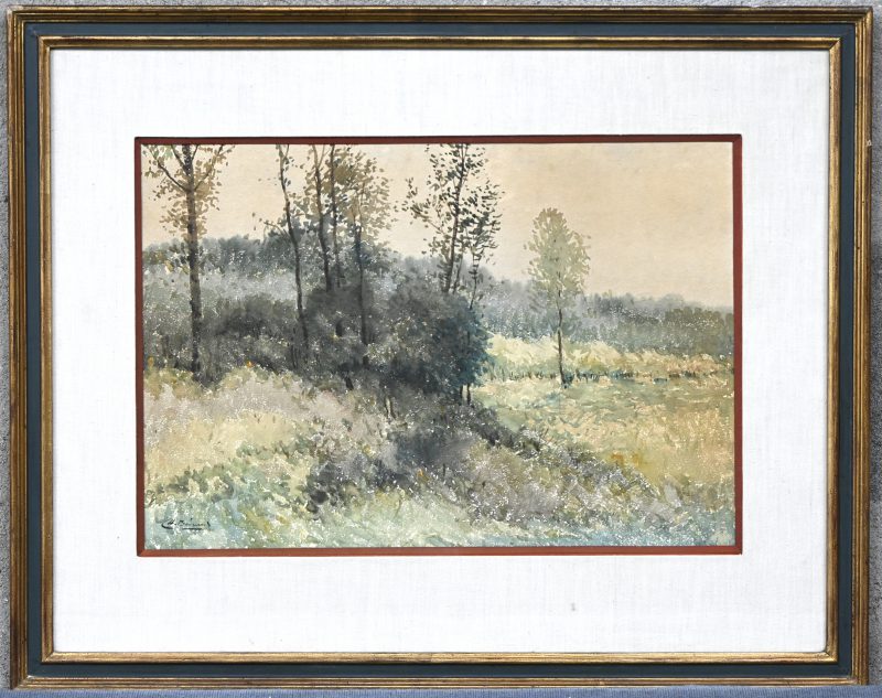 “Boslandschap”. Een schilderij, aquarel op papier. Vermoedelijk gesigneerd “Ch.Bernard”.