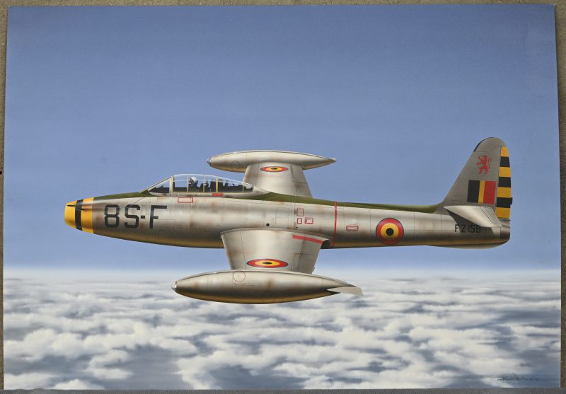 “Republic F84G Thunderjet”, airbrush op schilderspaneel, gesigneerd ‘Daniel Boucherie’.