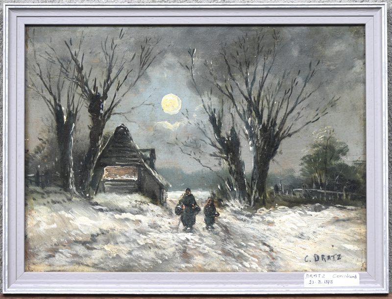 “Winterlandschap”, een schilderij, olieverf op paneel, gesigneerd C. Dratz.