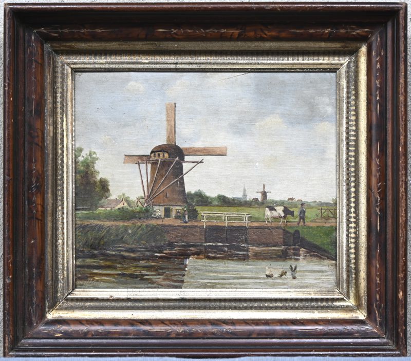 “Landschap met molen”, een schilderij, 19e eeuws, olieverf op paneel met een Nederlands zicht. Links onder gesigneerd.