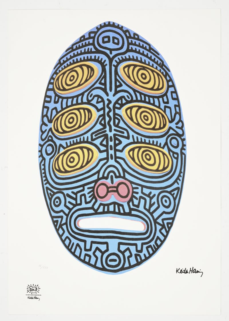 “Untitled (Grace Jones Mask). Een litho op papier. In de plaat gesigneerd met inkt en droogstempel K. Haring, en genummerd 12/50.