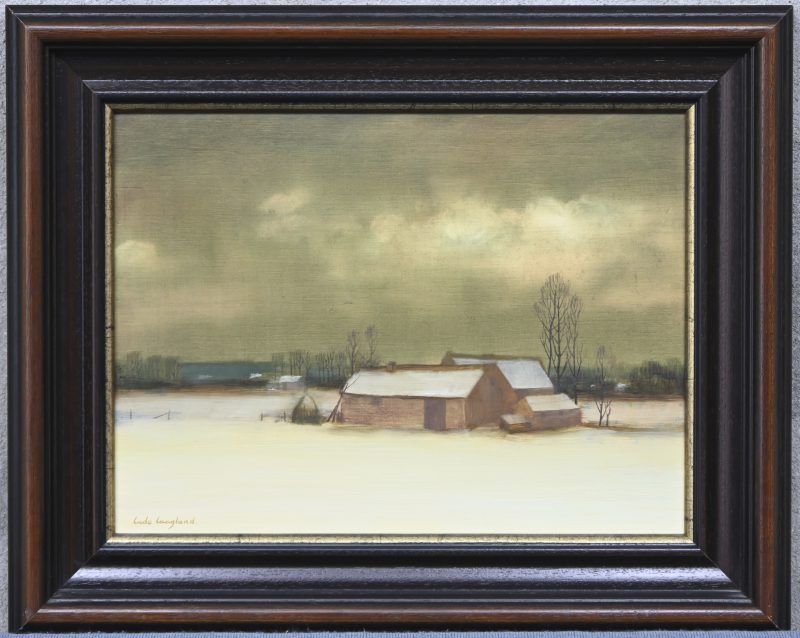 “Winterlandschap met hoeve”. Een schilderij, olieverf op paneel. Onderaan gesigneerd.