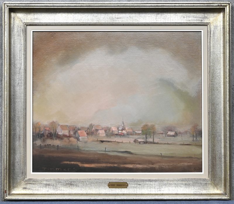 “Landschap met dorpsgezicht”. Een schilderij, olieverf op doek. Onderaan gesigneerd en gedateerd ‘87.