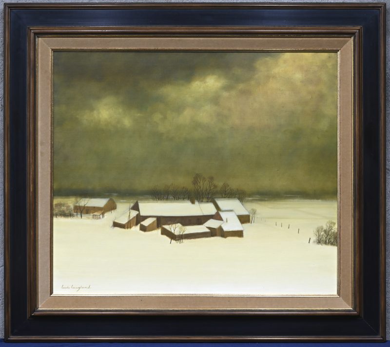 “Winterlandschap met hoeve”. Een schilderij, olieverf op paneel. Onderaan gesigneerd.