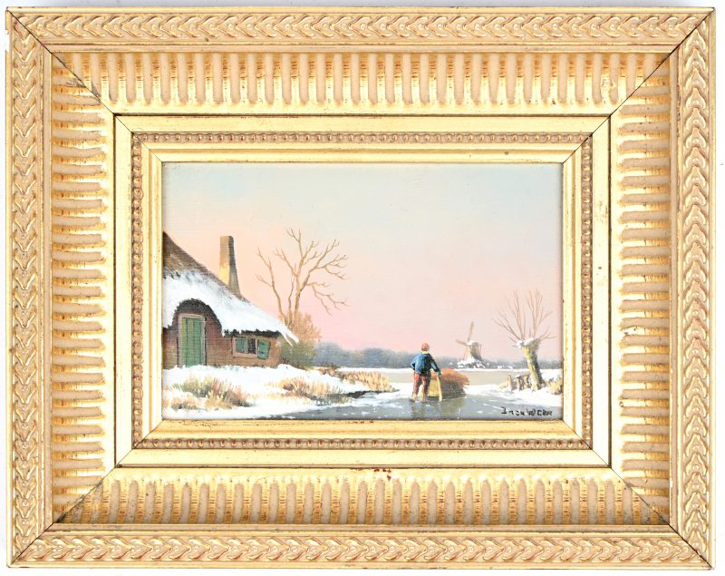 “Hollands winterzicht”, een schilderij, olieverf op paneel in vergulde kader, gesigneerd.