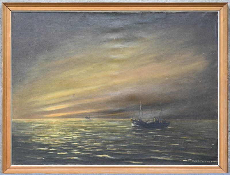 “Vissersboot bij valavond”, een schilderij, olieverf op doek, gesigneerd J. Callaert.