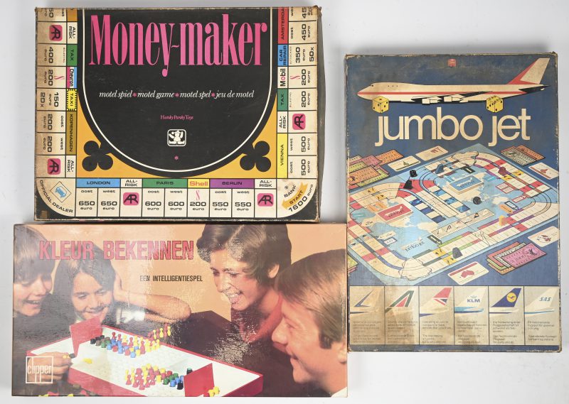 Een lot van 3 vintage bordspelen, bestaande uit; Kleur Bekennen, Jumbo-Jet & Money-Maker.