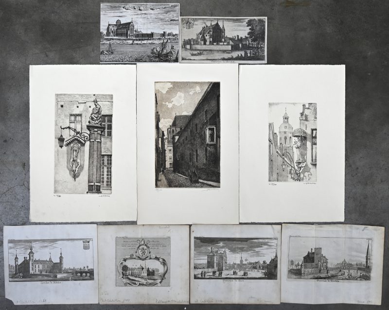 Julien Severin, “Mariabeeldjes in Sint-Andries (40/100), in de Rozengang (17/100) en op Sint-Niklaasplaats (49/10)”, drie etsen. Evenals zes oude gravures met Castellum de Hoboken, Praetorium de Borsbeke, de Boom, de Berchem, Beerschot en Sint-Bernards. XVIIIde eeuw.