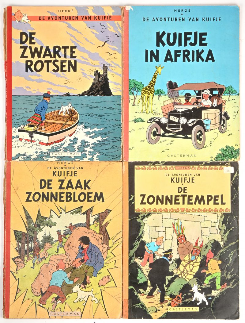 Een lot van 4 vintage Kuifje strips, SC met linnen rug, 1e reeks 1960-1969.