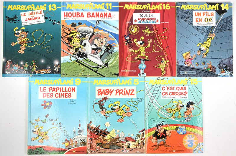 “Marsupilami”. Een lot van 7 hardcover strips, nummers; 5, 9, 11, 13, 14, 15, 16. Uitgeverij “Marsu Productions”.