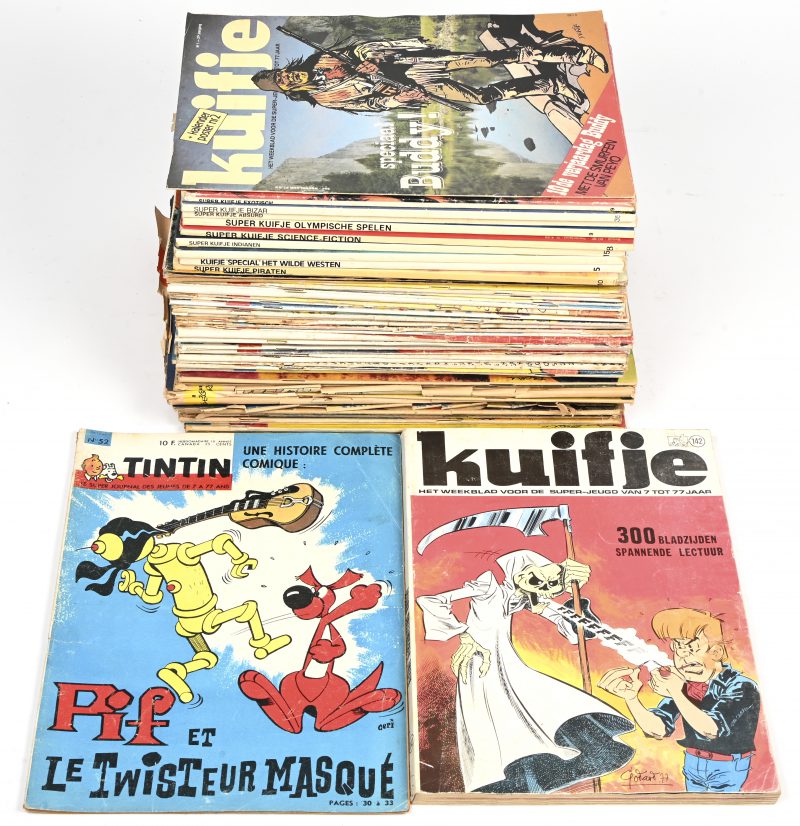 “Tintin”, “Super Kuifje” & “Kuifje”. Een lot van 56 vintage magazines, 9 “Kuifje Special” strips met diverse titels en bijgevoegd 2 Kuifje magazines.