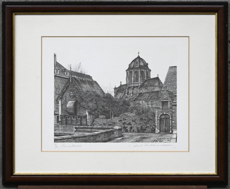 “Hanswijkbasiliek”. Een litho op papier. Onderaan buiten de plaat gesigneerd en genummerd 39/90.