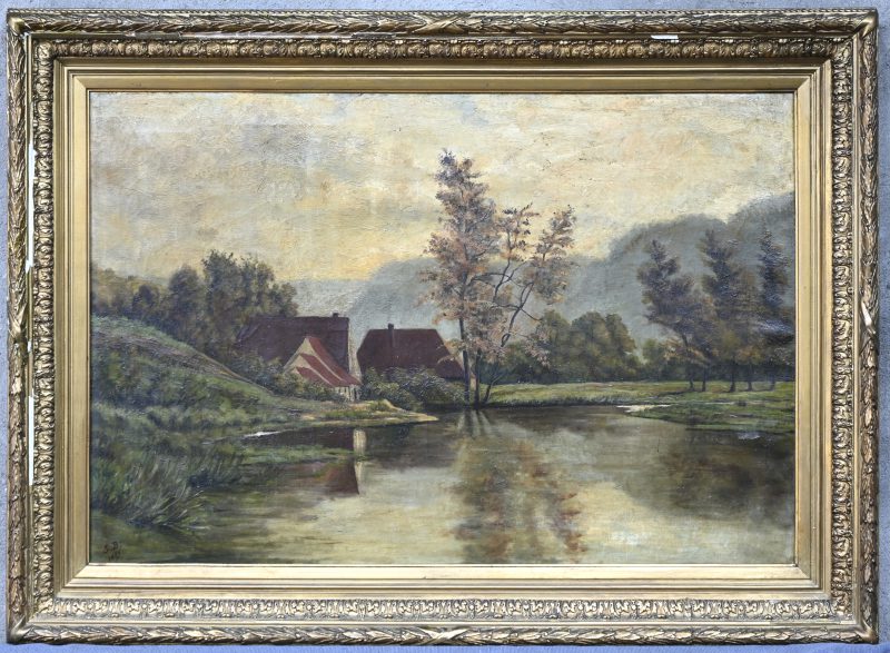 “Landschap met hoeve aan het water”, een schilderij, olieverf op doek, draagt links onder het monogram S.B. en gedateerd 1895. Kleine schade aan het doek, kader beschadigd.