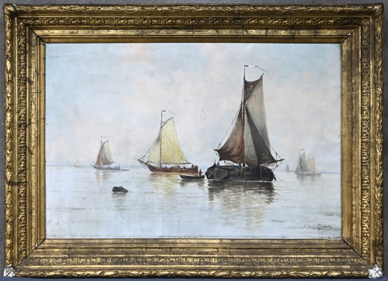 “Maritiem zicht”, een schilderij, olieverf op doek in vergulde kader, rechts onder gesigneerd.