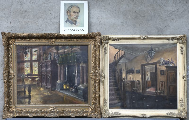 “Inkomhal, Paddeschoothof” & “Vlaamse zaal in het Museum, Sint-Niklaas”. Een lot van 2 schilderijen, olieverf op doek. Onderaan gesigneerd. Weergegeven in bijgevoegd boek “Luc VD Velde”.