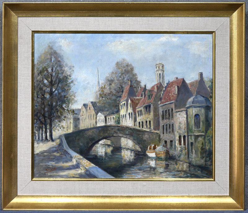 “De peerdenbrug in Brugge”, een schilderij, olieverf op doek, lings onder gesigneerd.