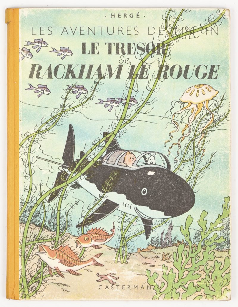 “Le trésor de Rackham le Rouge”, Tintin, HC, 1946, 1ste editie in kleur. Scheurtje boven aan de rug, hoeken licht beschadigd en op het titelblad is een naam geschreven.