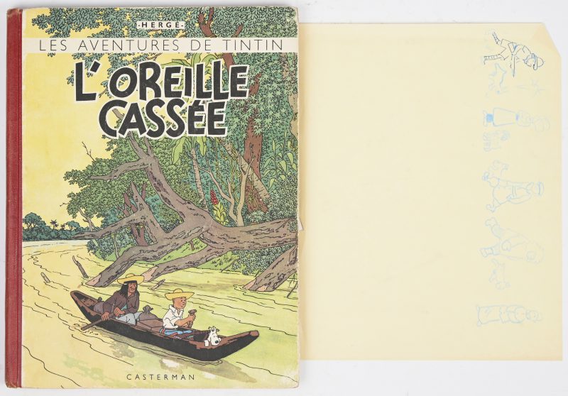 “L’oreille Cassée”, Tintin, HC, A18, 1942, Wit/Zwart met enkele kleurpagina’s. Naam geschreven binnenin, stempel op de achterkant, enkele scheurtjes en een hoekje ontbreekt.