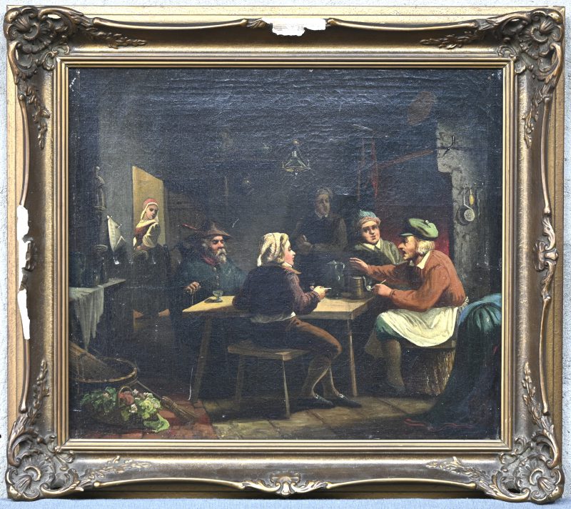 “In de herberg”, een schilderij, olieverf op doek, niet gesigneerd.