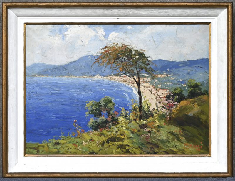 “Riviera di Povente”, een schilderij, olieverf op doek, gesigneerd M Maggi.