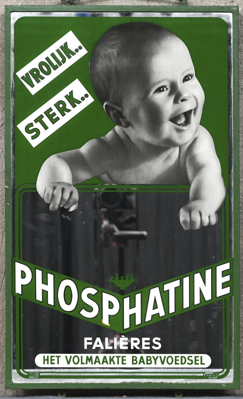 “Phosphatine - het vilmaakte babyvoedsel”, een vintage reclamespiegel, in metalen kader.