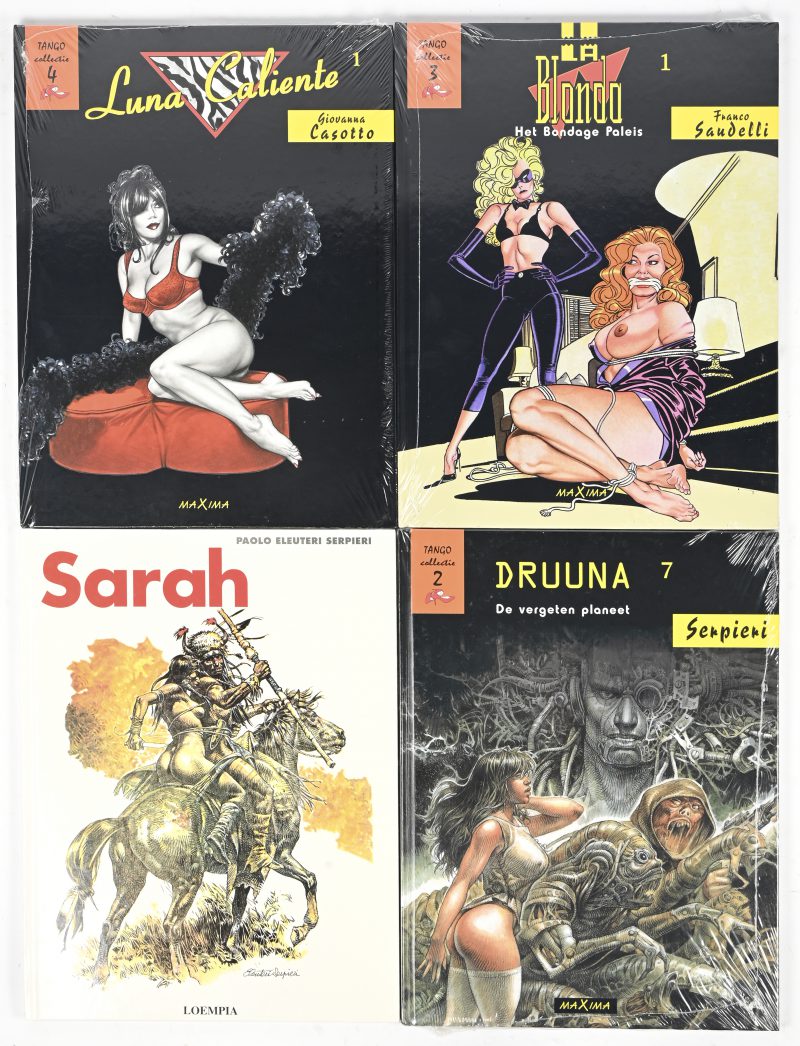 Een lot van 4 erotische strips in hardcover. Waarvan uit de Tango collectie nr. 2, 3, 4, van uitgeverij Maxima. En ‘Sarah’ van uitgeverij Loempia.